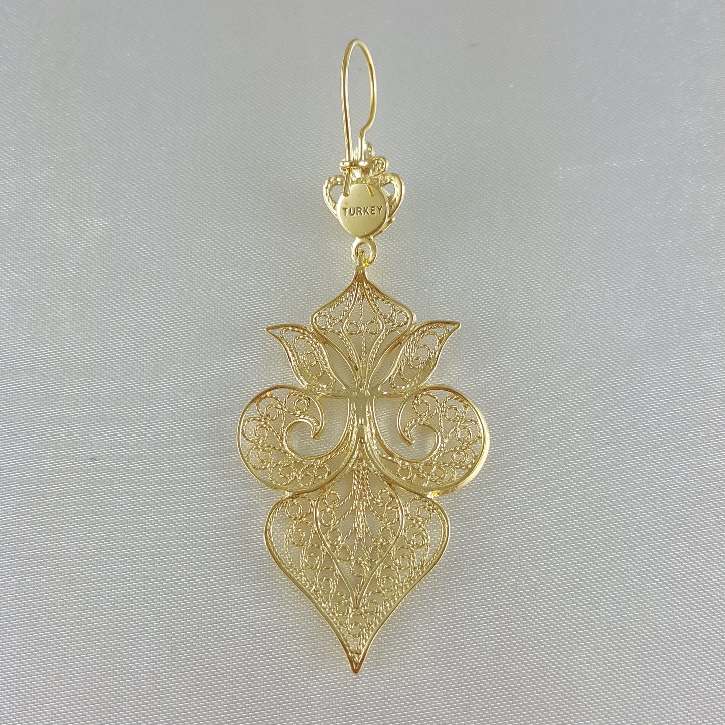 Gold Filigree Fleur de Lis Earring with Blue Gemstone