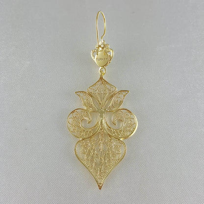 Gold Filigree Fleur de Lis Earring with Blue Gemstone - TurkishBling