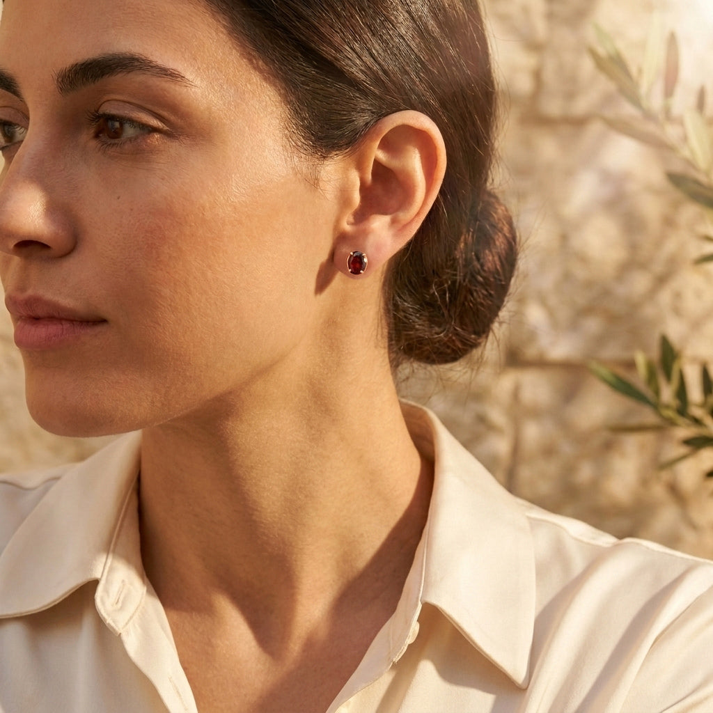 Oval Garnet Scrollwork Stud Earrings