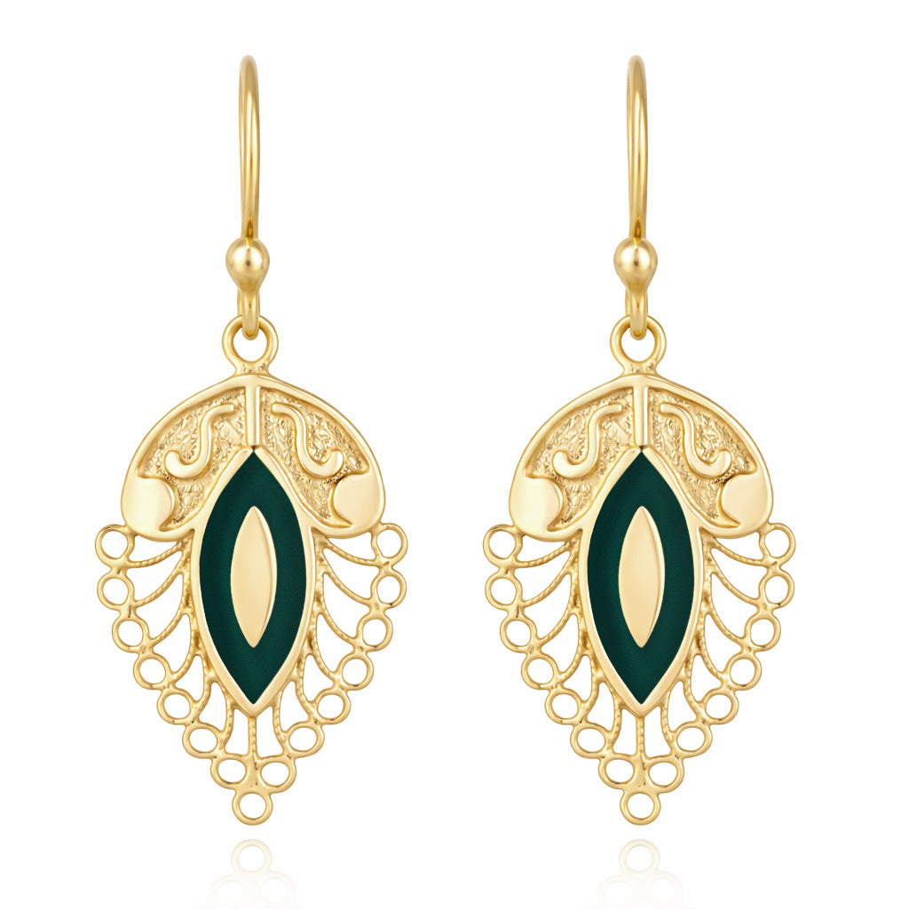 Filigree Leaf Drop Earrings with Green Enamel Detail