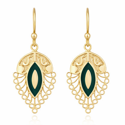 Filigree Leaf Drop Earrings with Green Enamel Detail