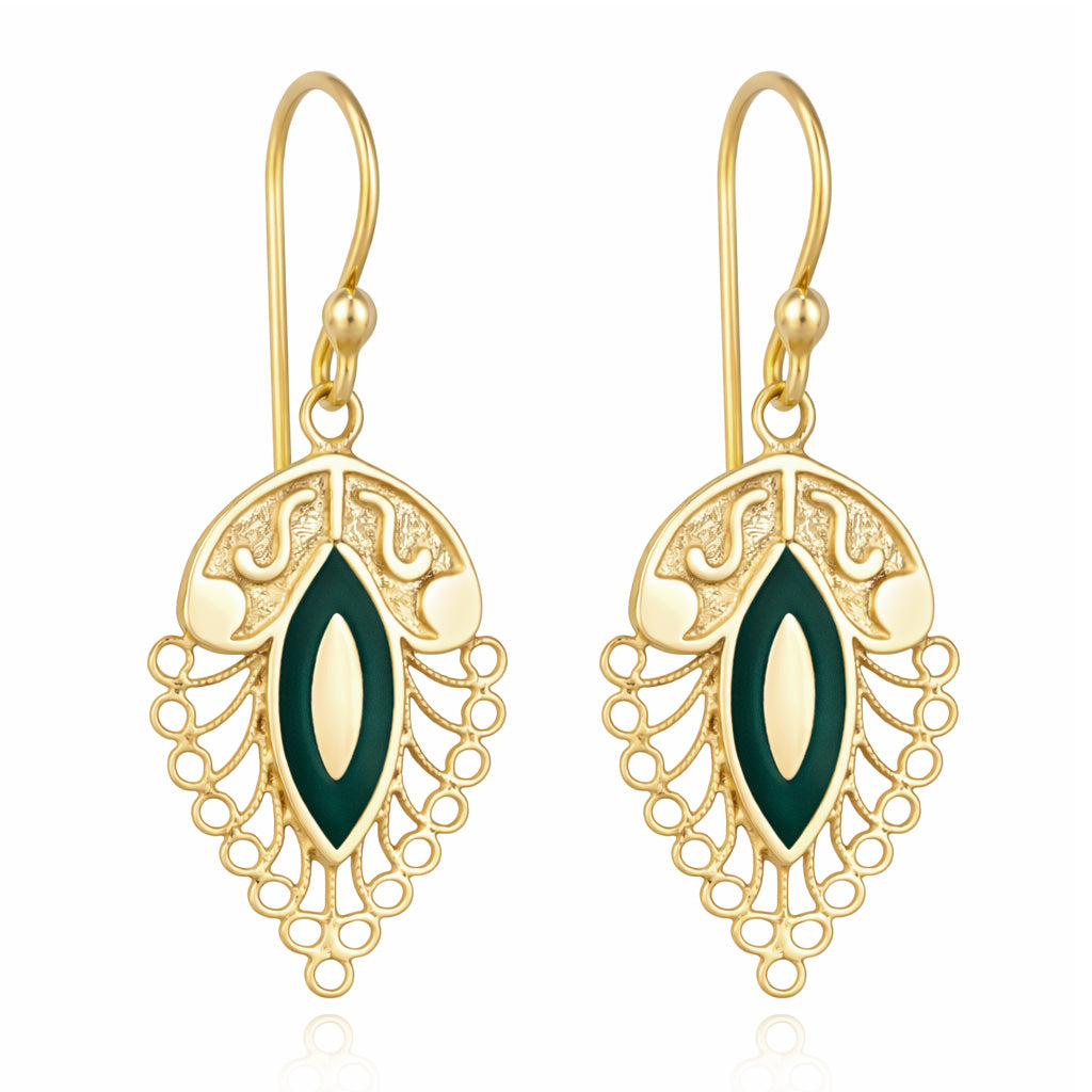 Filigree Leaf Drop Earrings with Green Enamel Detail