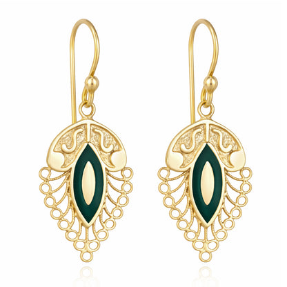 Filigree Leaf Drop Earrings with Green Enamel Detail