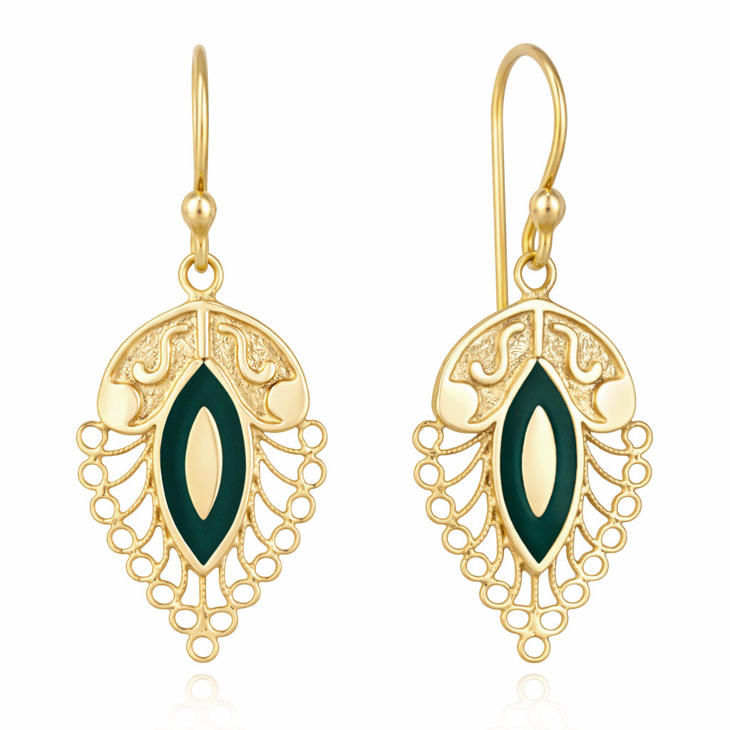 Filigree Leaf Drop Earrings with Green Enamel Detail