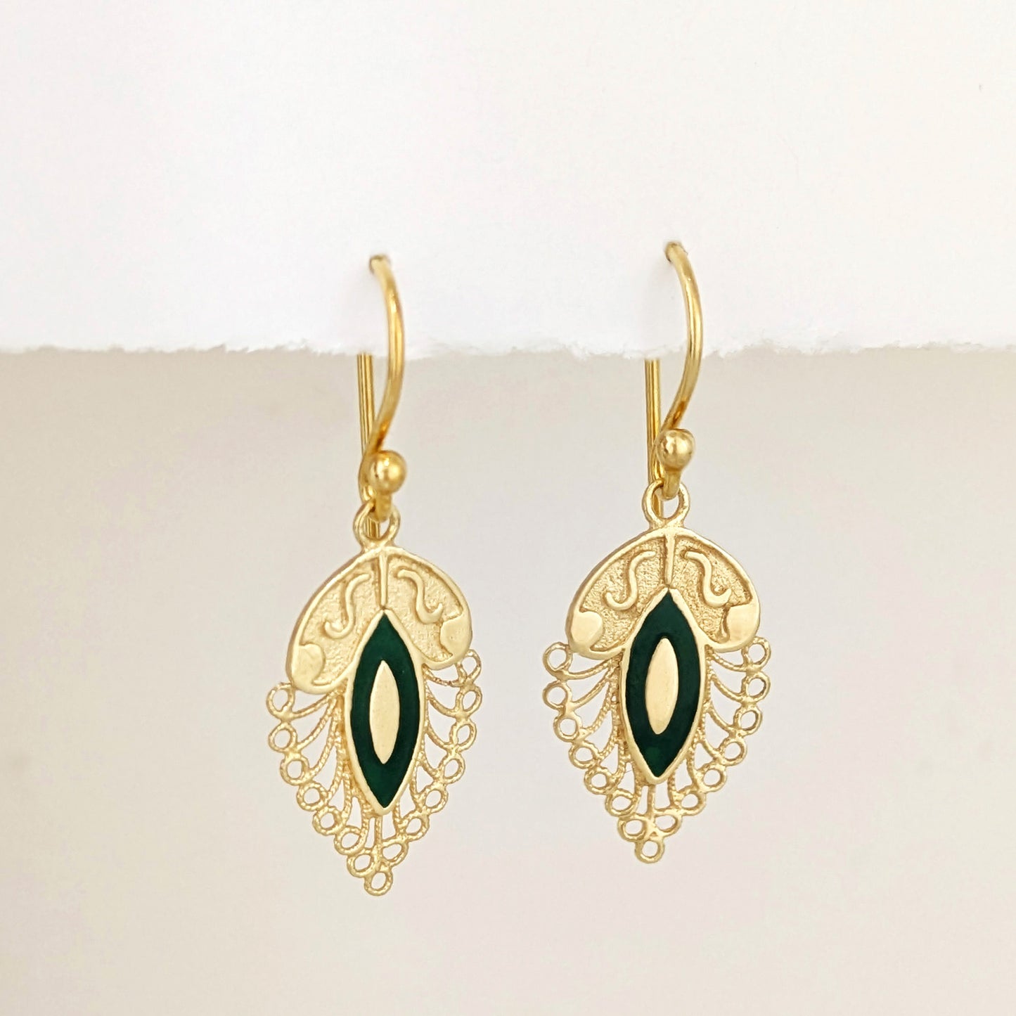 Filigree Leaf Drop Earrings with Green Enamel Detail