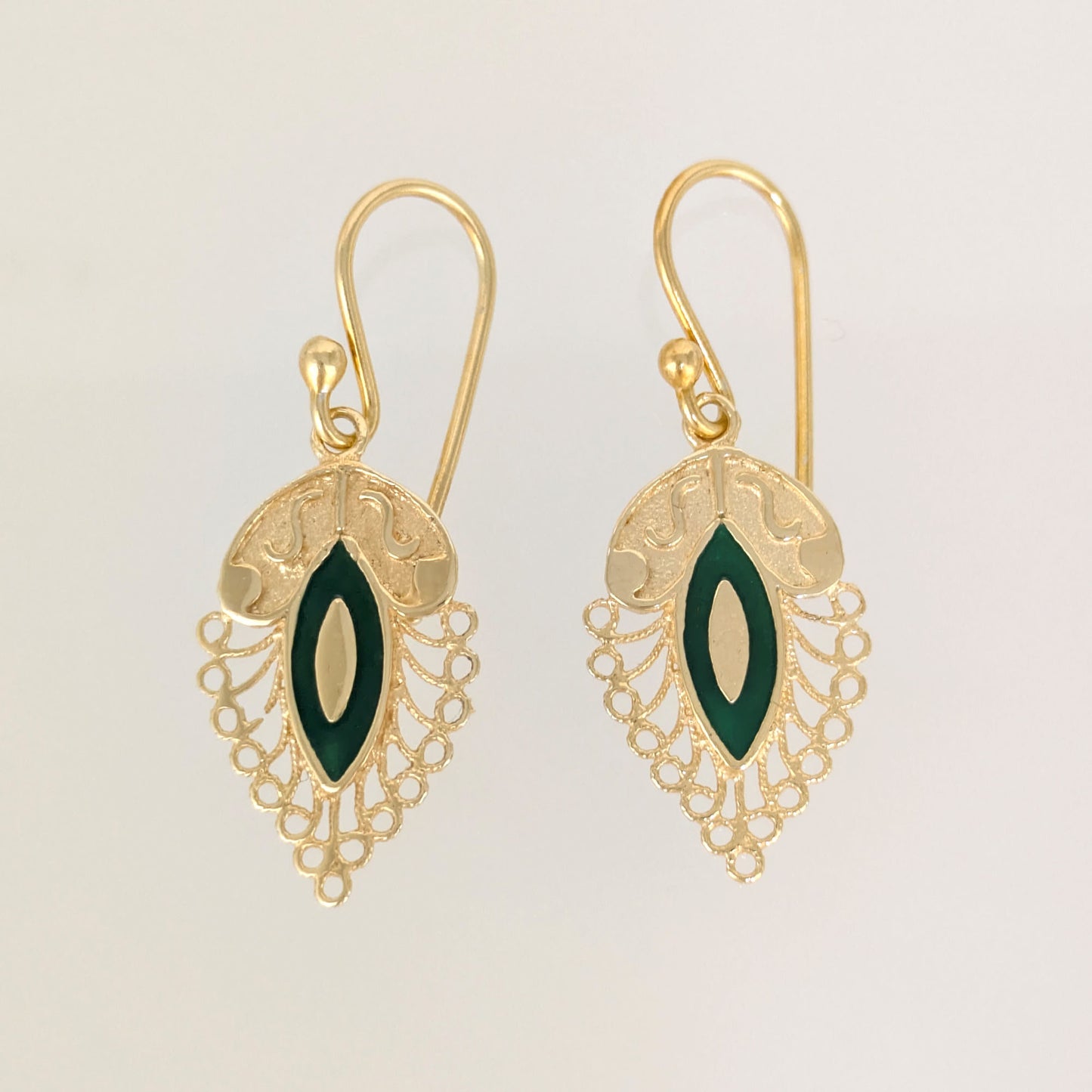 Filigree Leaf Drop Earrings with Green Enamel Detail