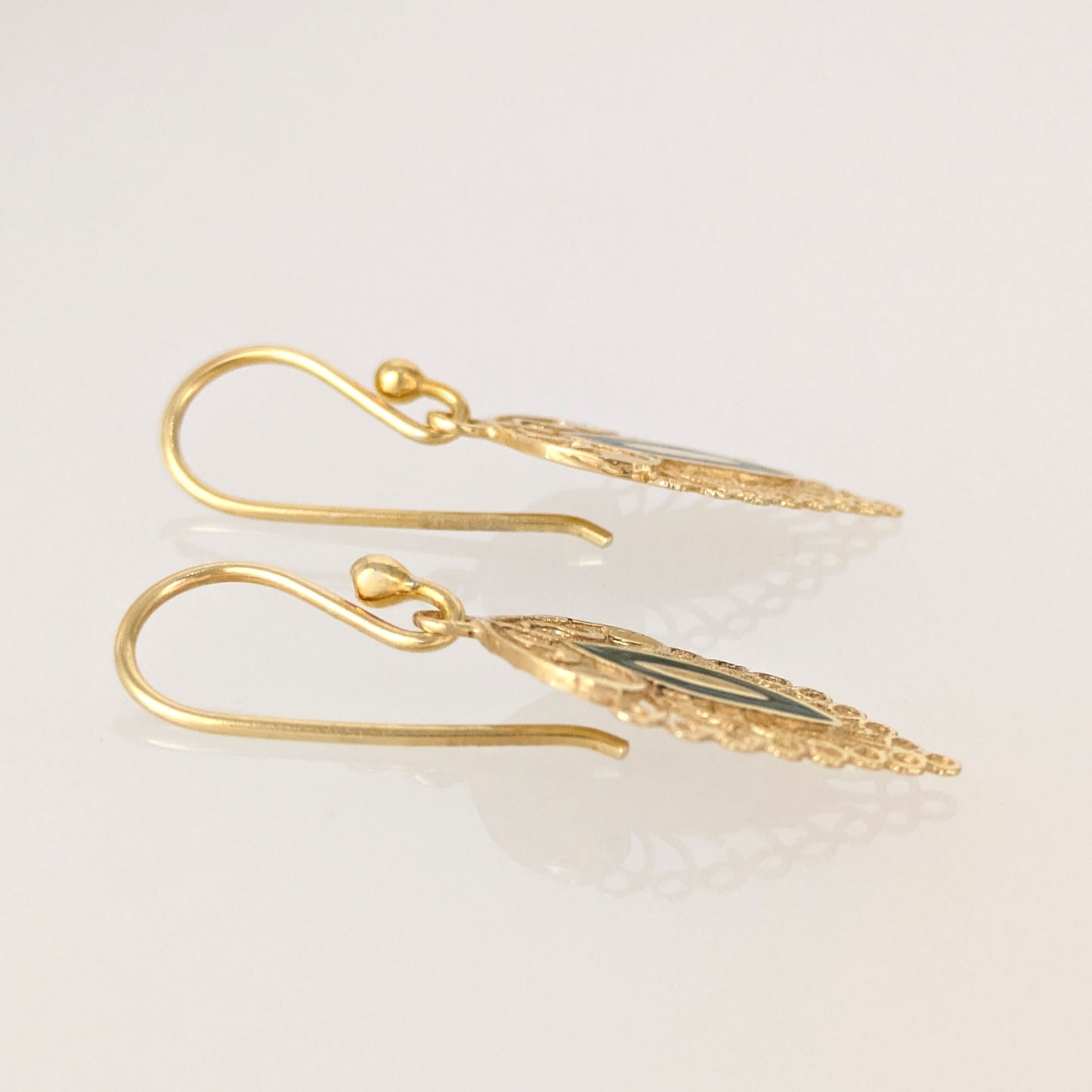 Filigree Leaf Drop Earrings with Green Enamel Detail