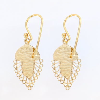 Filigree Leaf Drop Earrings with Green Enamel Detail