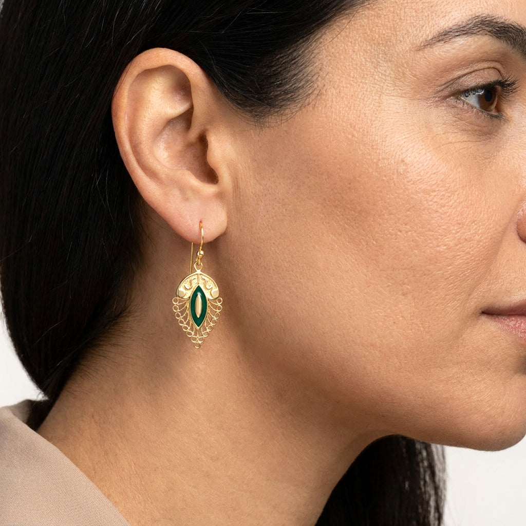 Filigree Leaf Drop Earrings with Green Enamel Detail