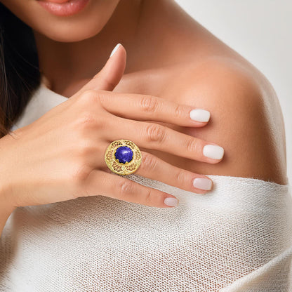 Lapis Statement Ring with Intricate Filigree Bezel