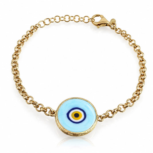 Evil Eye Chain Bracelet with Round Blue Glass Centerpiece – 7.5in + 1in Extender