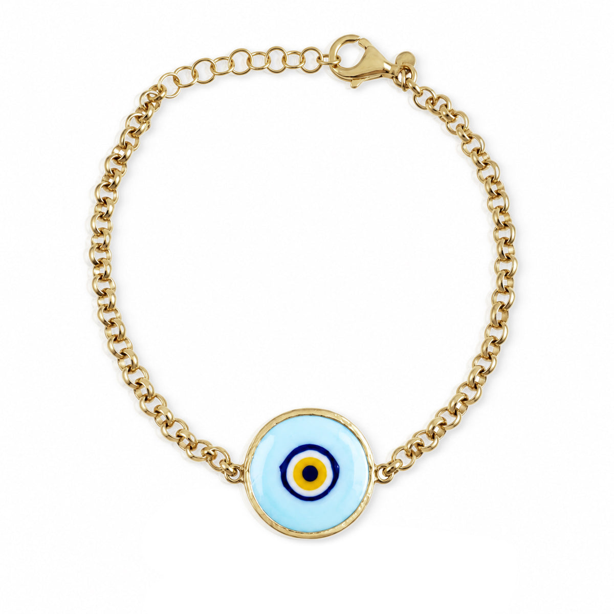 Evil Eye Chain Bracelet with Round Blue Glass Centerpiece – 7.5in + 1in Extender