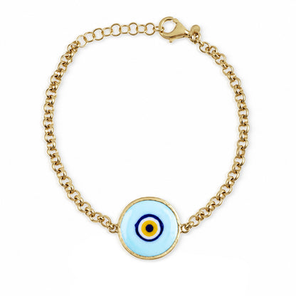 Evil Eye Chain Bracelet with Round Blue Glass Centerpiece – 7.5in + 1in Extender