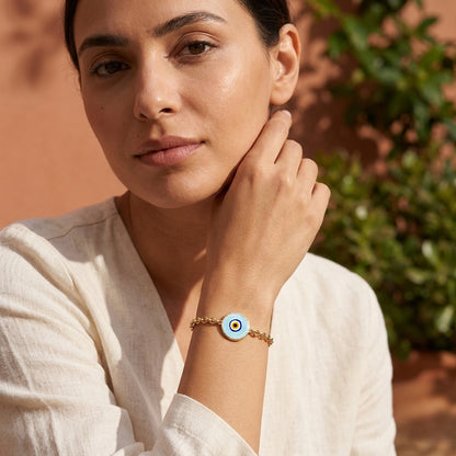 Evil Eye Chain Bracelet with Round Blue Glass Centerpiece – 7.5in + 1in Extender
