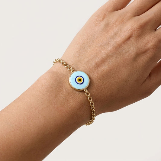 Evil Eye Chain Bracelet with Round Blue Glass Centerpiece – 7.5in + 1in Extender