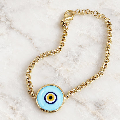 Evil Eye Chain Bracelet with Round Blue Glass Centerpiece – 7.5in + 1in Extender