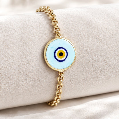 Evil Eye Chain Bracelet with Round Blue Glass Centerpiece – 7.5in + 1in Extender