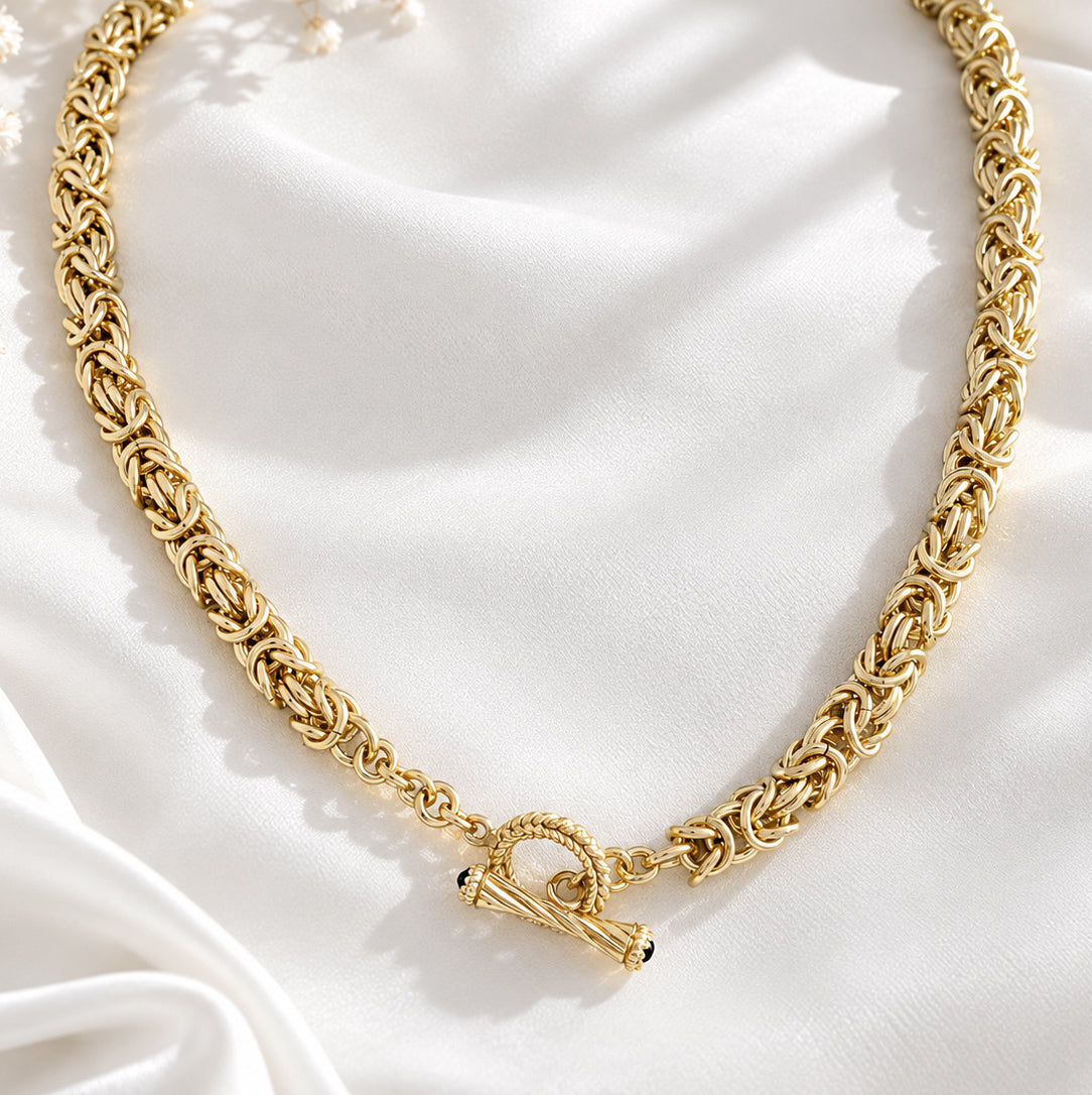 Byzantine Chain Necklace with Gemstone accented Toggle Clasp – 7mm- 24 Inch