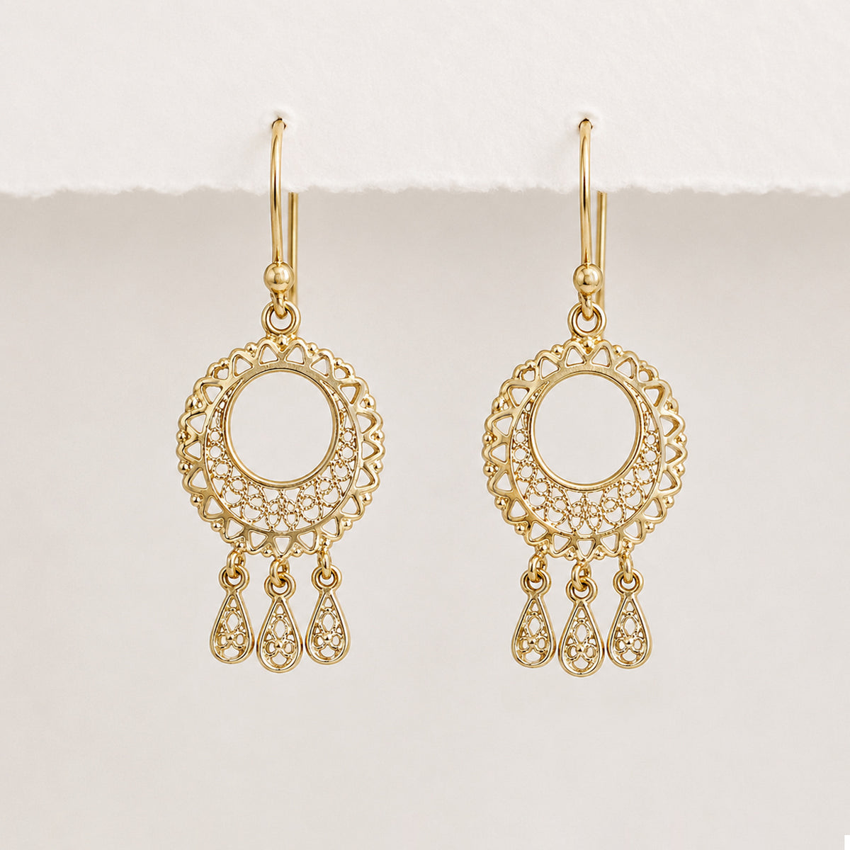Round Openwork Scroll  Earrings with Tear Drop Dangles
