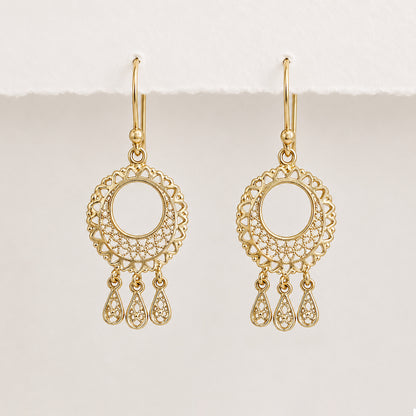 Round Openwork Scroll  Earrings with Tear Drop Dangles