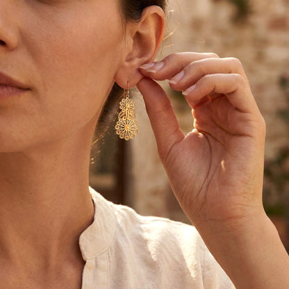 Double Flower Filigree Drop Earrings with Openwork Detail