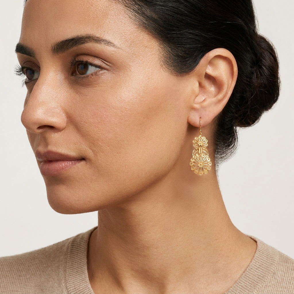 Double Flower Filigree Drop Earrings with Openwork Detail