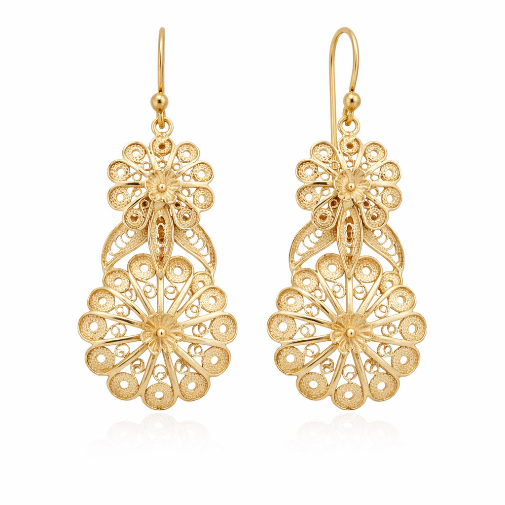 Double Flower Filigree Drop Earrings with Openwork Detail