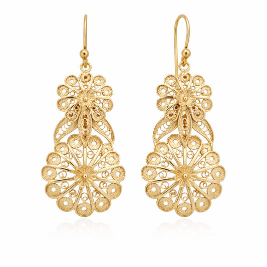 Double Flower Filigree Drop Earrings with Openwork Detail