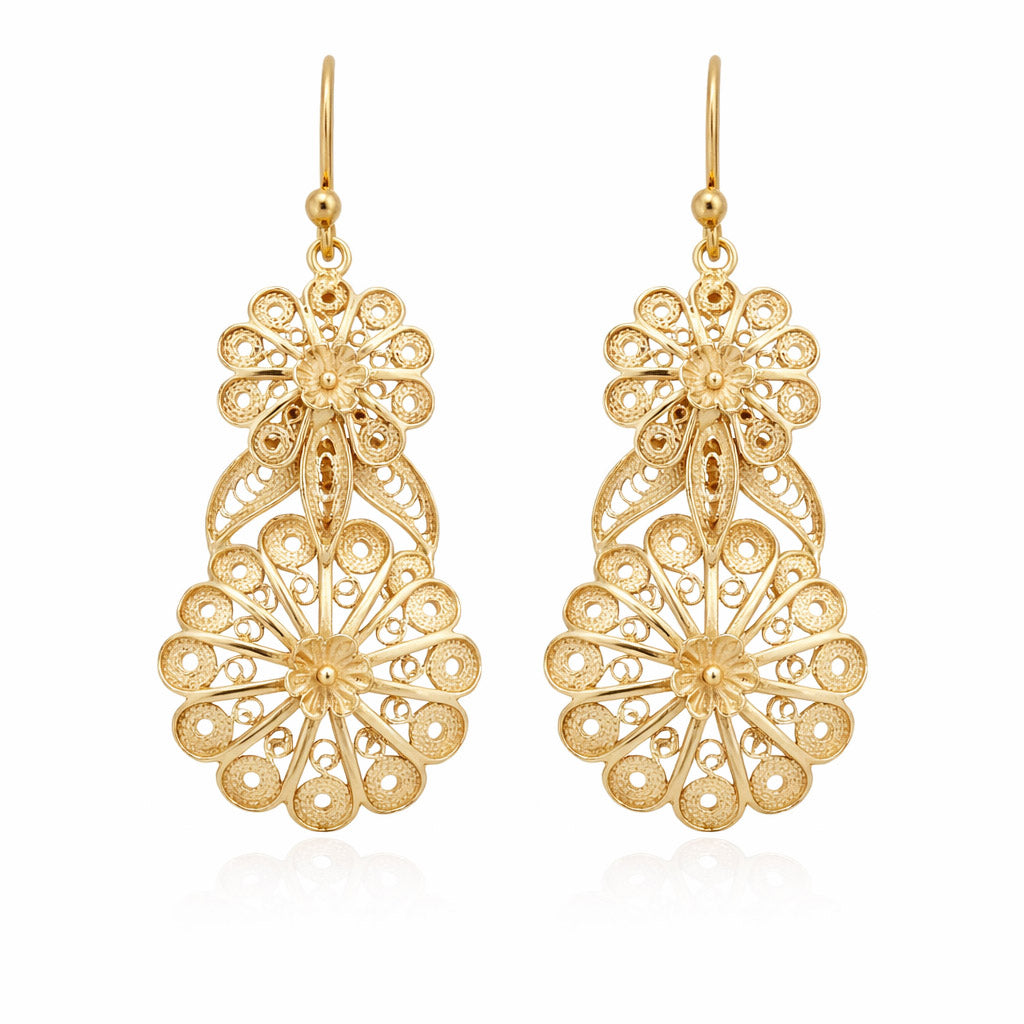 Double Flower Filigree Drop Earrings with Openwork Detail