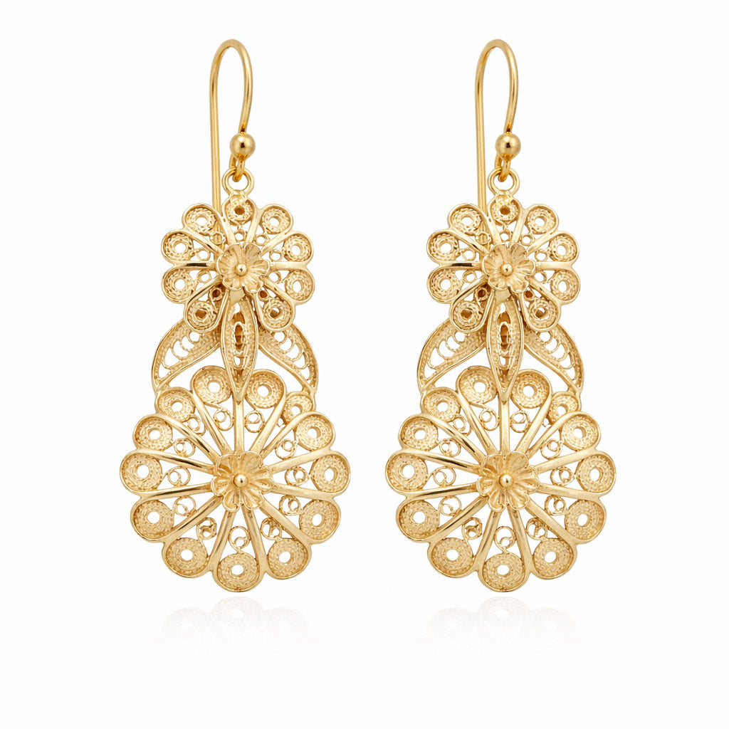 Double Flower Filigree Drop Earrings with Openwork Detail