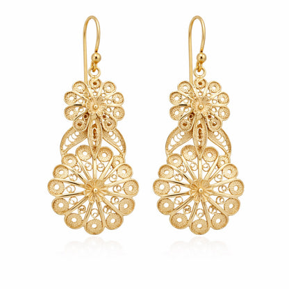 Double Flower Filigree Drop Earrings with Openwork Detail