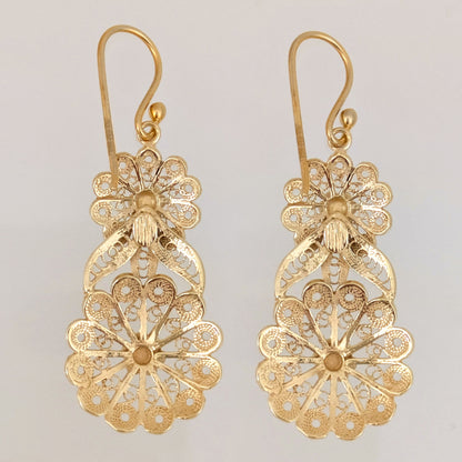 Double Flower Filigree Drop Earrings with Openwork Detail