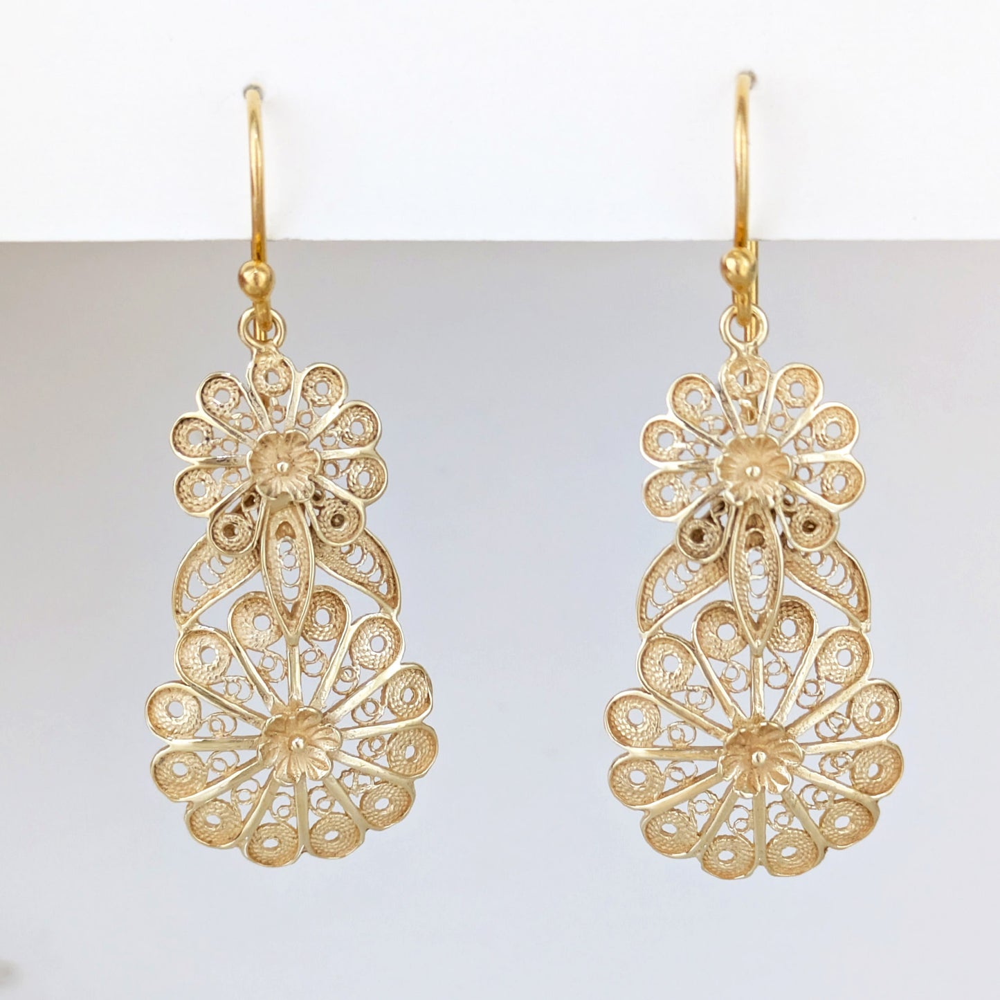 Double Flower Filigree Drop Earrings with Openwork Detail