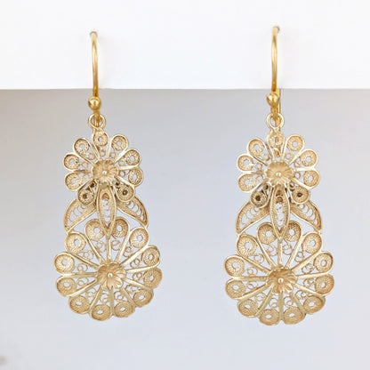 Double Flower Filigree Drop Earrings with Openwork Detail