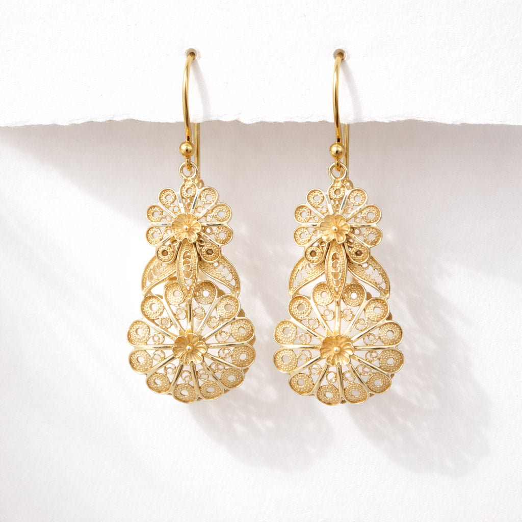 Double Flower Filigree Drop Earrings with Openwork Detail