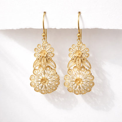Double Flower Filigree Drop Earrings with Openwork Detail