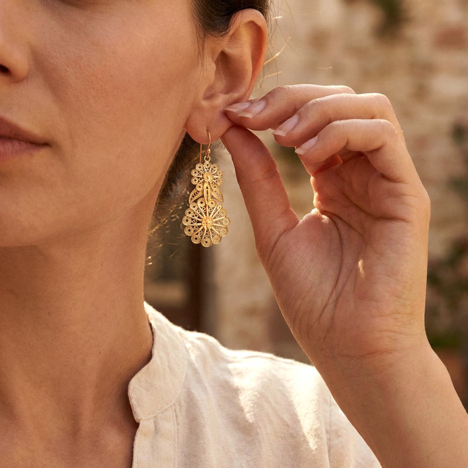 Double Flower Filigree Drop Earrings with Openwork Detail