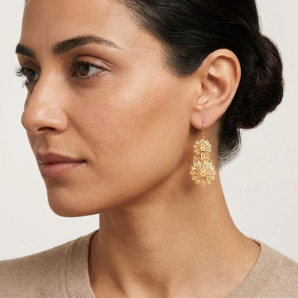 Double Flower Filigree Drop Earrings with Openwork Detail
