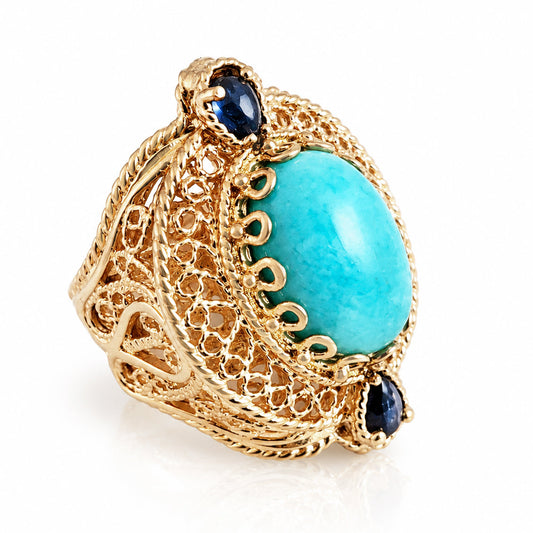 Filigree Genuine Amazonite and Amethyst Gemstone Ring