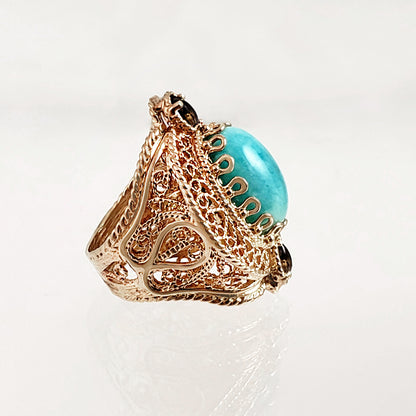 Filigree Genuine Amazonite and Amethyst Gemstone Ring