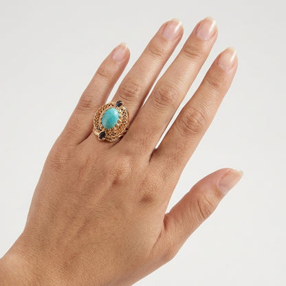 Filigree Genuine Amazonite and Amethyst Gemstone Ring
