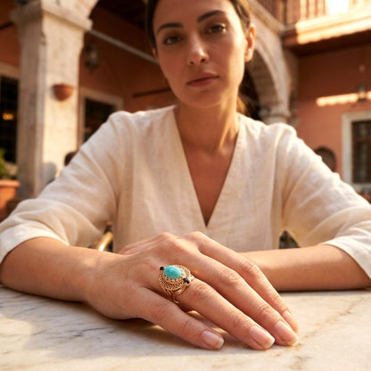 Filigree Genuine Amazonite and Amethyst Gemstone Ring