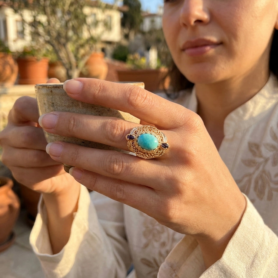 Filigree Genuine Amazonite and Amethyst Gemstone Ring