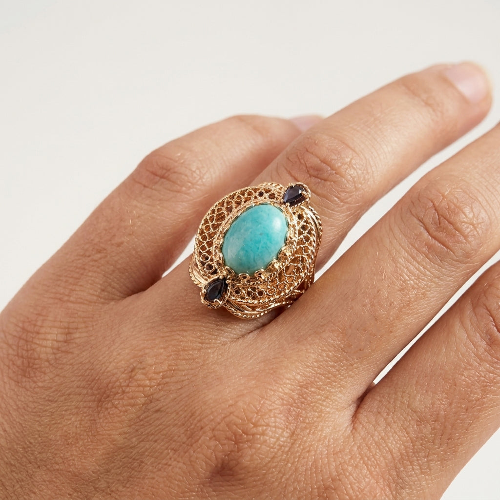 Filigree Genuine Amazonite and Amethyst Gemstone Ring