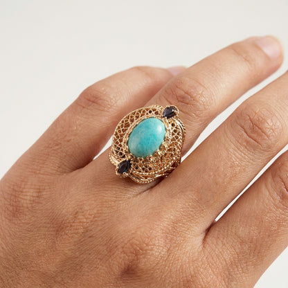 Filigree Genuine Amazonite and Amethyst Gemstone Ring