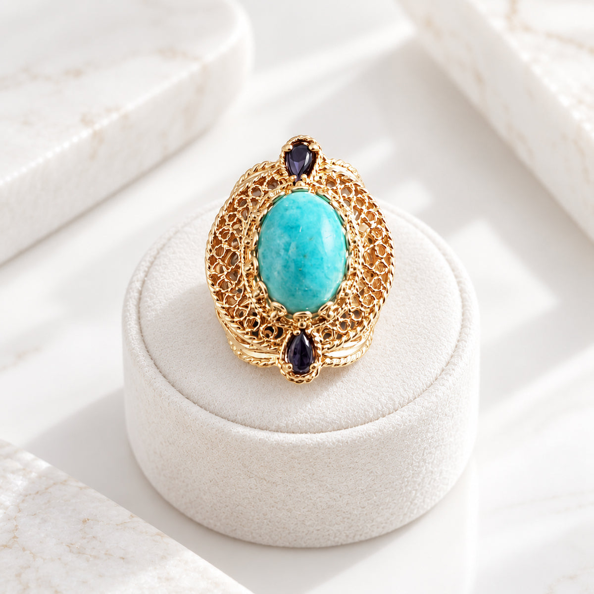 Filigree Genuine Amazonite and Amethyst Gemstone Ring
