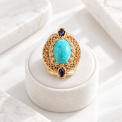 Filigree Genuine Amazonite and Amethyst Gemstone Ring