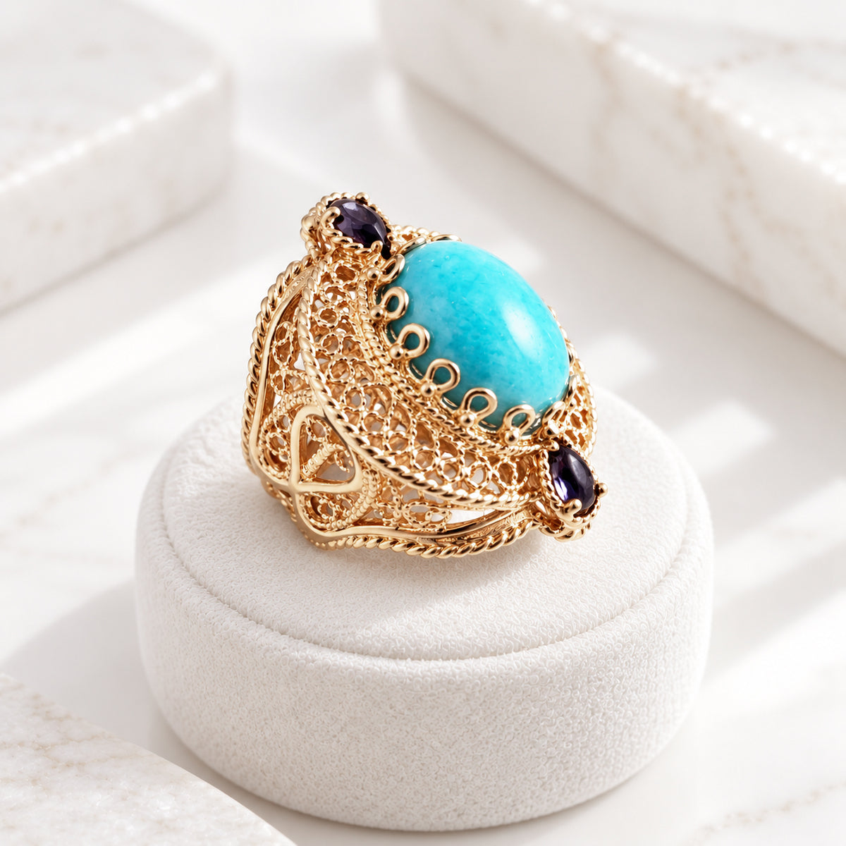Filigree Genuine Amazonite and Amethyst Gemstone Ring