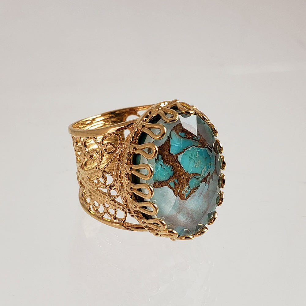 Gold Plated Turquoise Doublet Filigree Ring