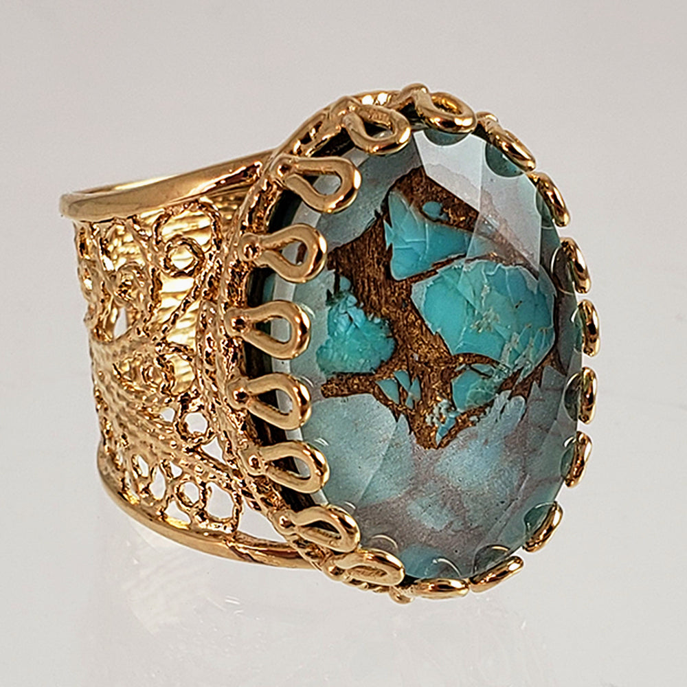 Gold Plated Turquoise Doublet Filigree Ring
